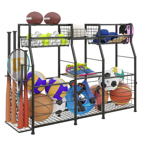 LUMAMU Small Garage Sports Equipment Organizer,Ball Storage Rack with Elastic Rope,Garage Organizer System, Indoor/Outdoor Shelf Rack for Sports Gear and Toys Storage LUMAMU