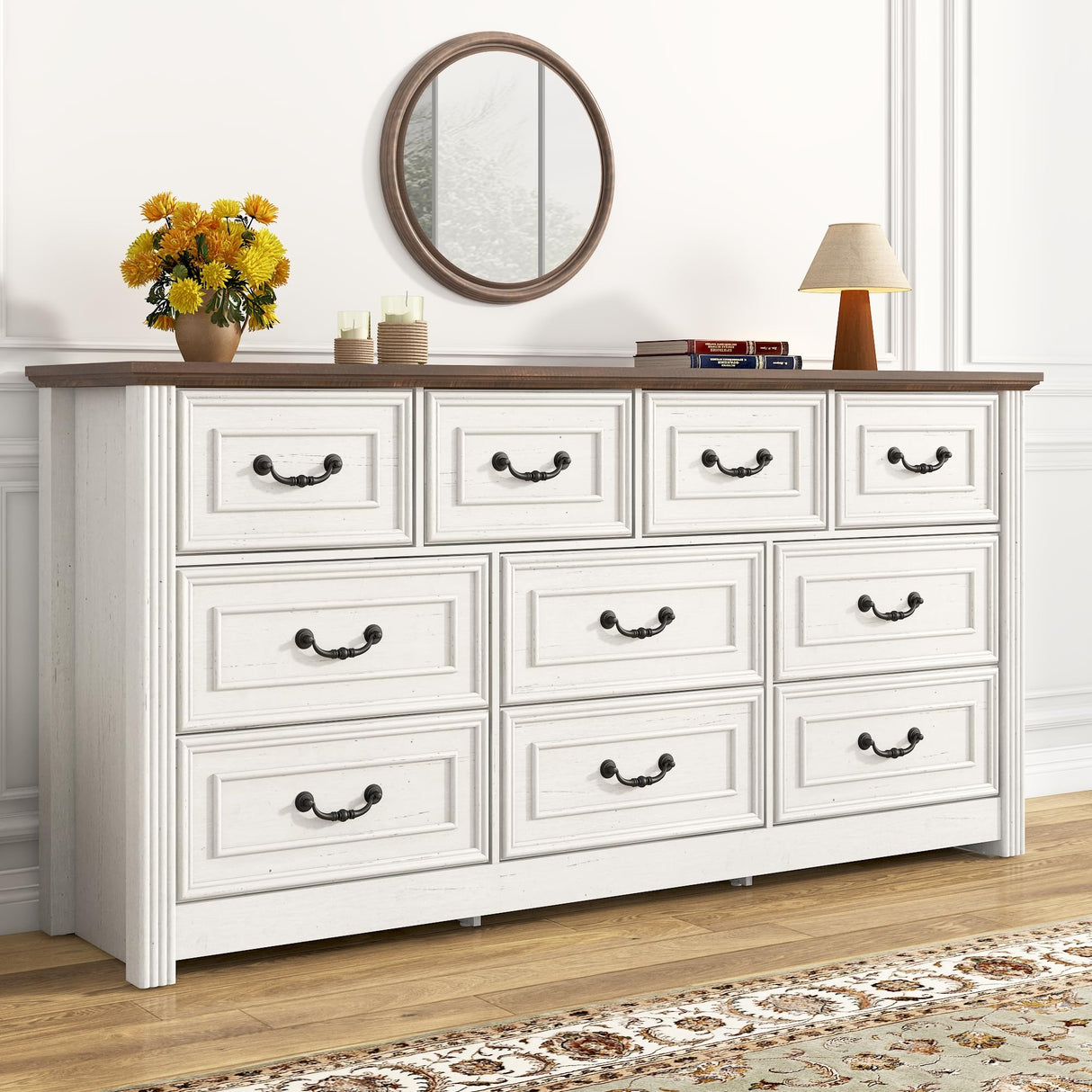 chartustriable Farmhouse 10 Drawer Dresser for Bedroom, 63” Wood Chest of Drawers with Rustic Handles, Wide Closet Dressers Organizer, Living Room, Hallway, Bedroom Furniture, Antique White chartustriable