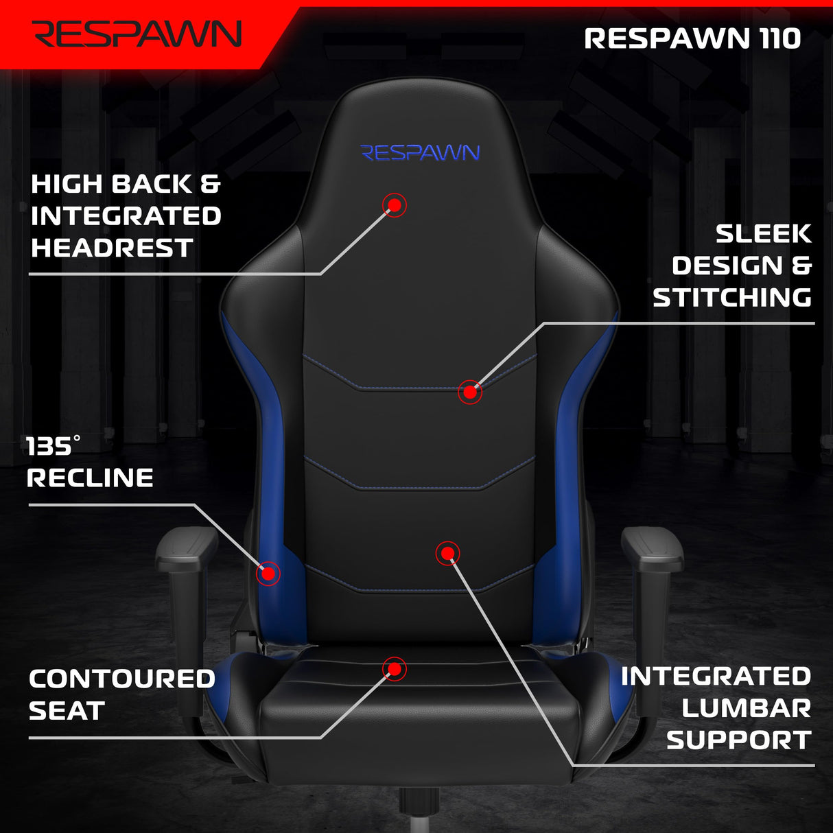 RESPAWN 110 Gaming Chair - Gamer Chair PC Computer Chair, Ergonomic Gaming Chairs, Office Chair with Integrated Headrest, Gaming Chair for Adults 135 Degree Recline with Angle Lock - Blue RESPAWN