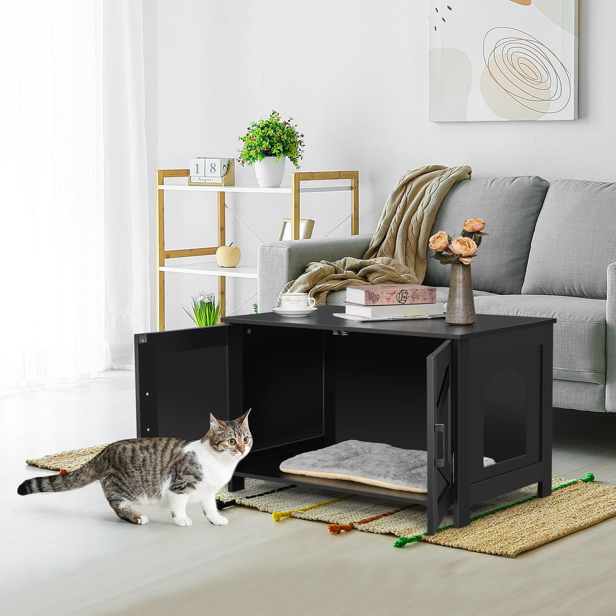 Homhedy Cat Litter Box Enclosure,Litter Box Furniture Hidden with Barn Door,Wooden Cat Washroom Furniture,Cat House,Fit Most of Litter Box, Black Homhedy