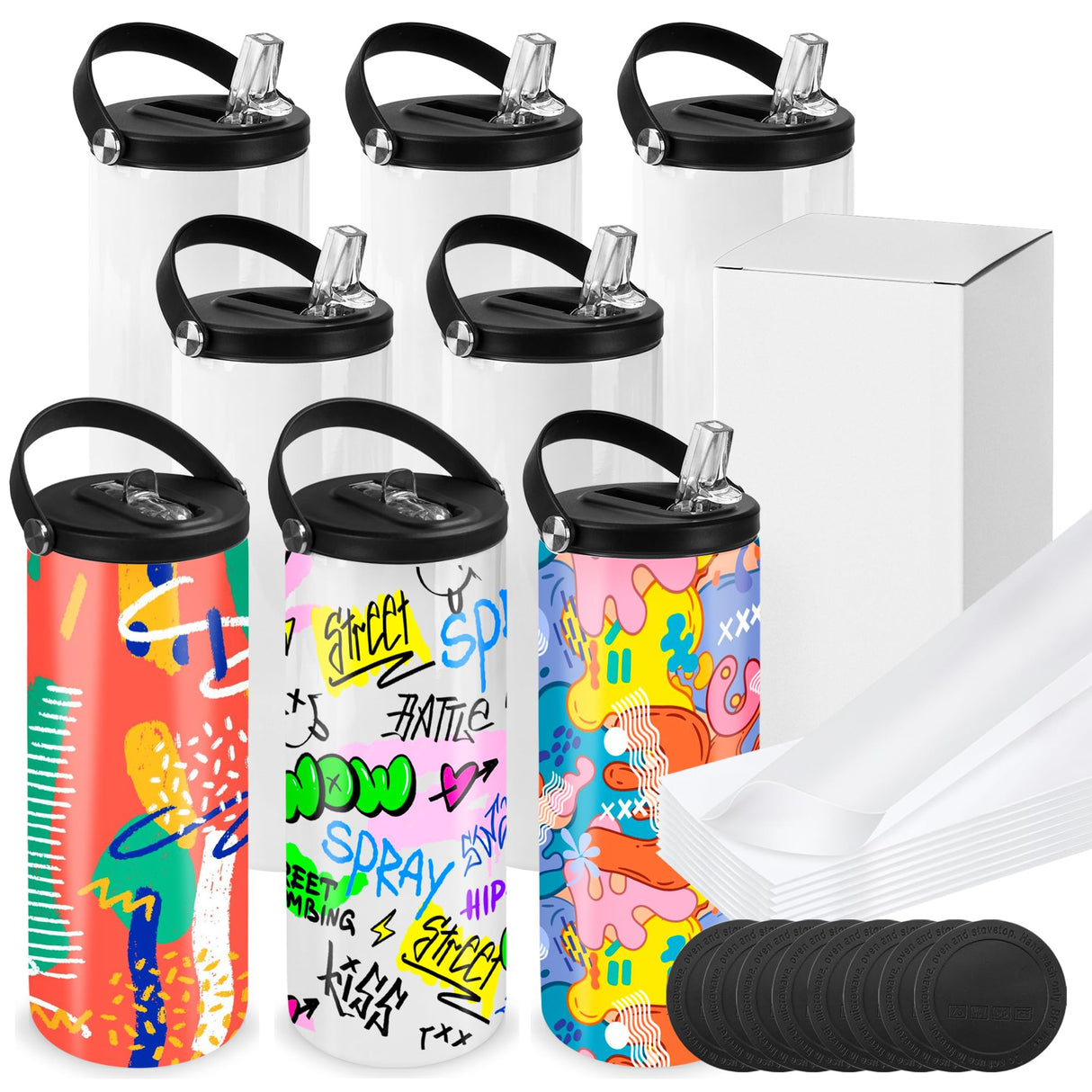 Joyclub 8 Pack Sublimation Water Bottle Blanks 20 oz Sublimation Tumblers with Handle Sports Skinny Insulated Tumblers Bulk Joyclub