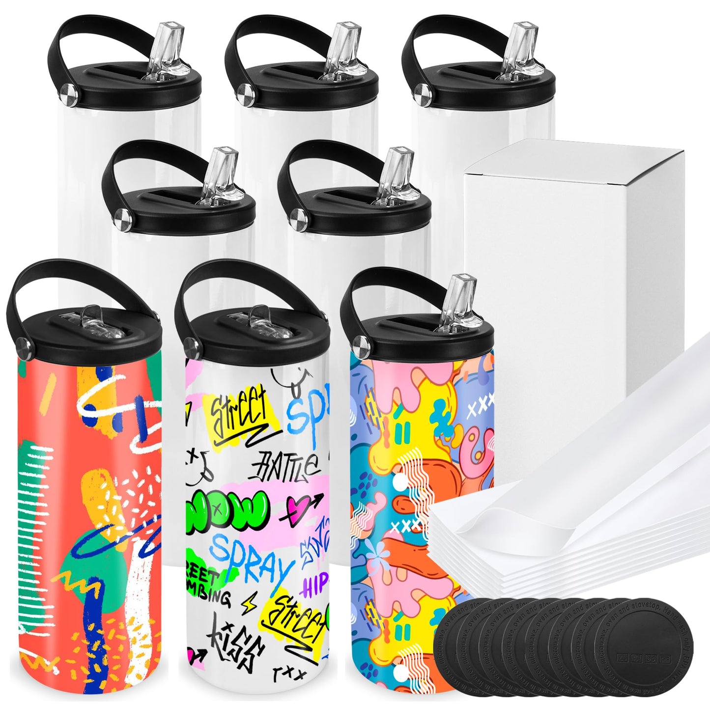 Joyclub 8 Pack Sublimation Water Bottle Blanks 20 oz Sublimation Tumblers with Handle Sports Skinny Insulated Tumblers Bulk