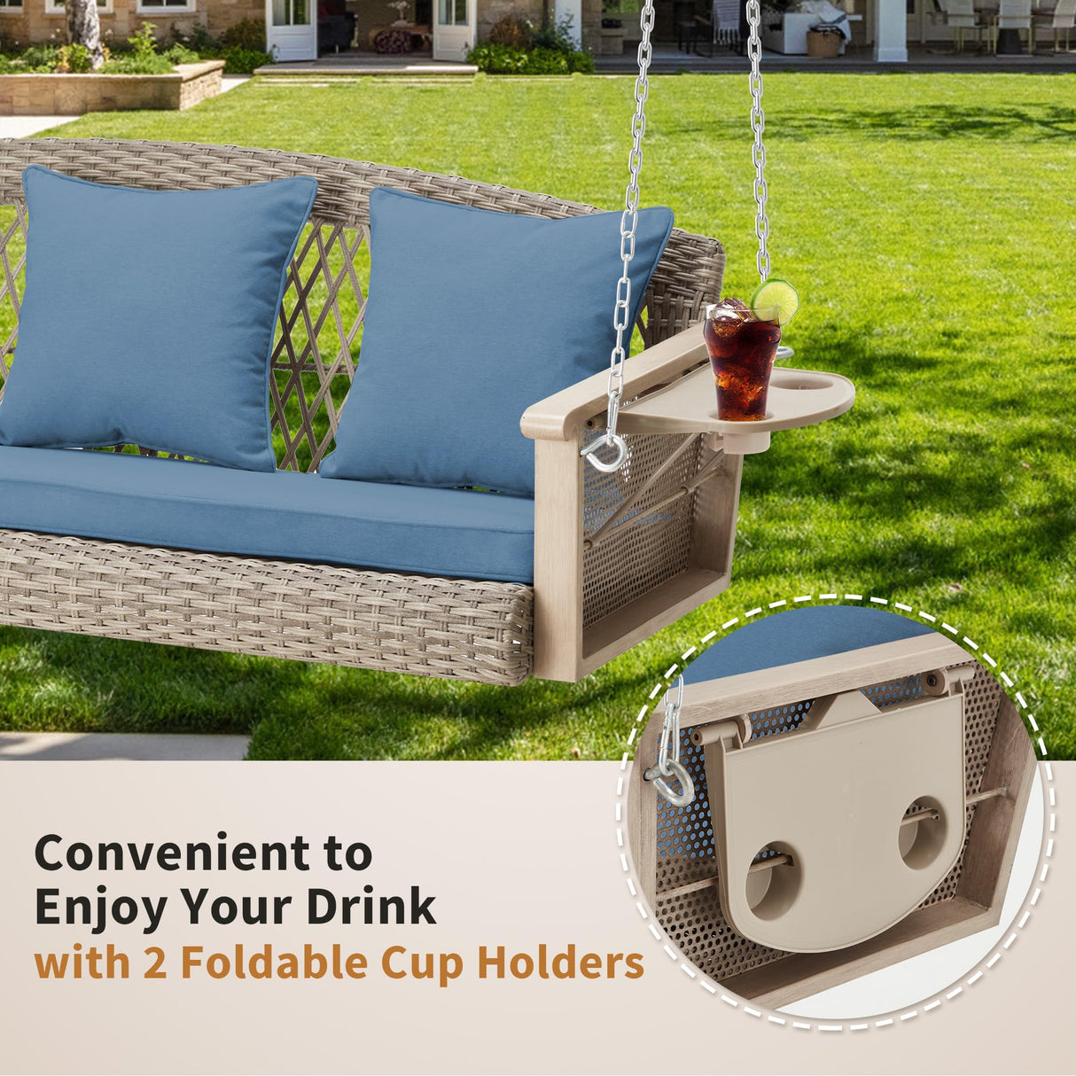 HOMREST 3-Person Porch Swing 55in Wicker Hanging Swing Bench with Cushions Cupholders Swing Chair with Chains 800lbs Capacity for Deck Garden Backyard HOMREST