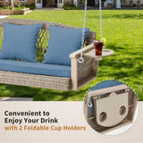 HOMREST 3-Person Porch Swing 55in Wicker Hanging Swing Bench with Cushions Cupholders Swing Chair with Chains 800lbs Capacity for Deck Garden Backyard HOMREST