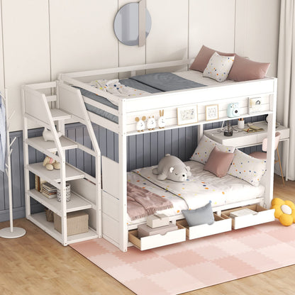 Harper & Bright Designs Convertible Full Over Full Futon Bunk Bed with Stairs, Drawers, and Built-in Shelf in White - WoodArtSupply