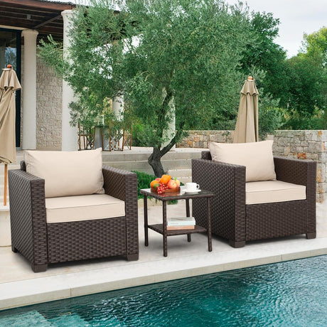 Rattaner Outdoor Furniture Club Chair 3 Pieces Patio Single Sofa Chairs and Glass End Table Outdoor Chairs Set of 2 and SideTable with Anti-Slip Cushions and Waterproof Cover, Khaki Rattaner
