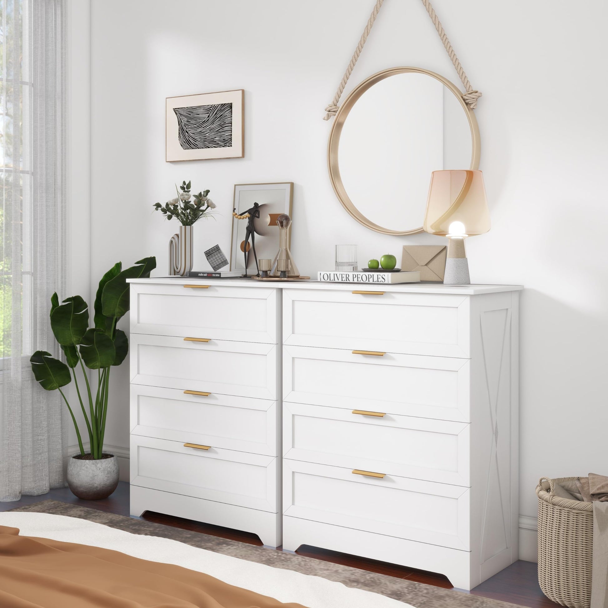 FTZxHKLX White 4 Drawer Dresser for Bedroom, Tall Bedroom Dresser with Large Drawer & Golden Handles, Wooden Storage Organizer Cabinet Chest of Drawer for Closet, Living Room, Hallway, Childr - WoodArtSupply