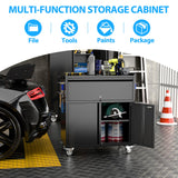 GangMei Metal Garage Storage Cabinet with Wheels and Pegboard, 35.4" H Lockable Tool Storage Cabinet with One Drawer, Adjustable Shelf and 4 Hooks for Garage, Warehouse, Black GangMei