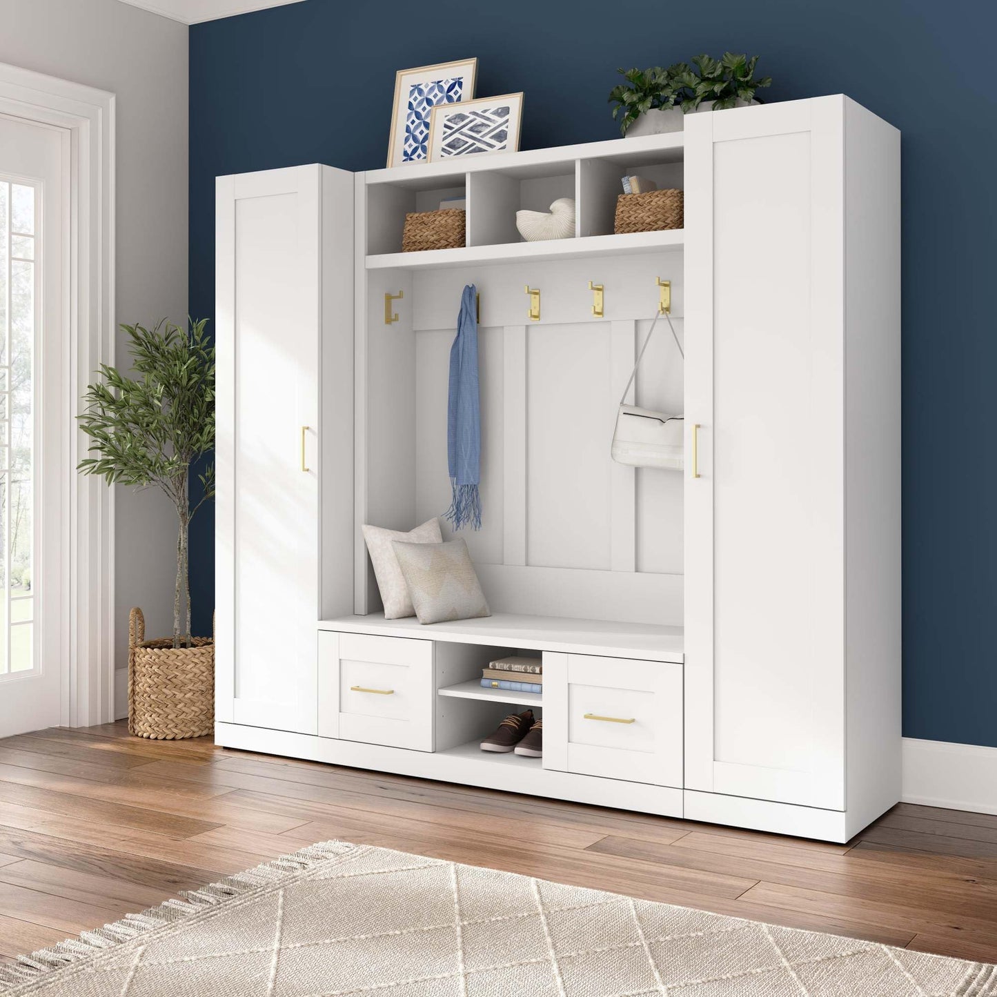 Bush Furniture Hampton Heights Full Entryway Storage Set with Hall Tree, Shoe Bench with Doors and Narrow Cabinets in White | Foyer, Mudroom Organizer - WoodArtSupply