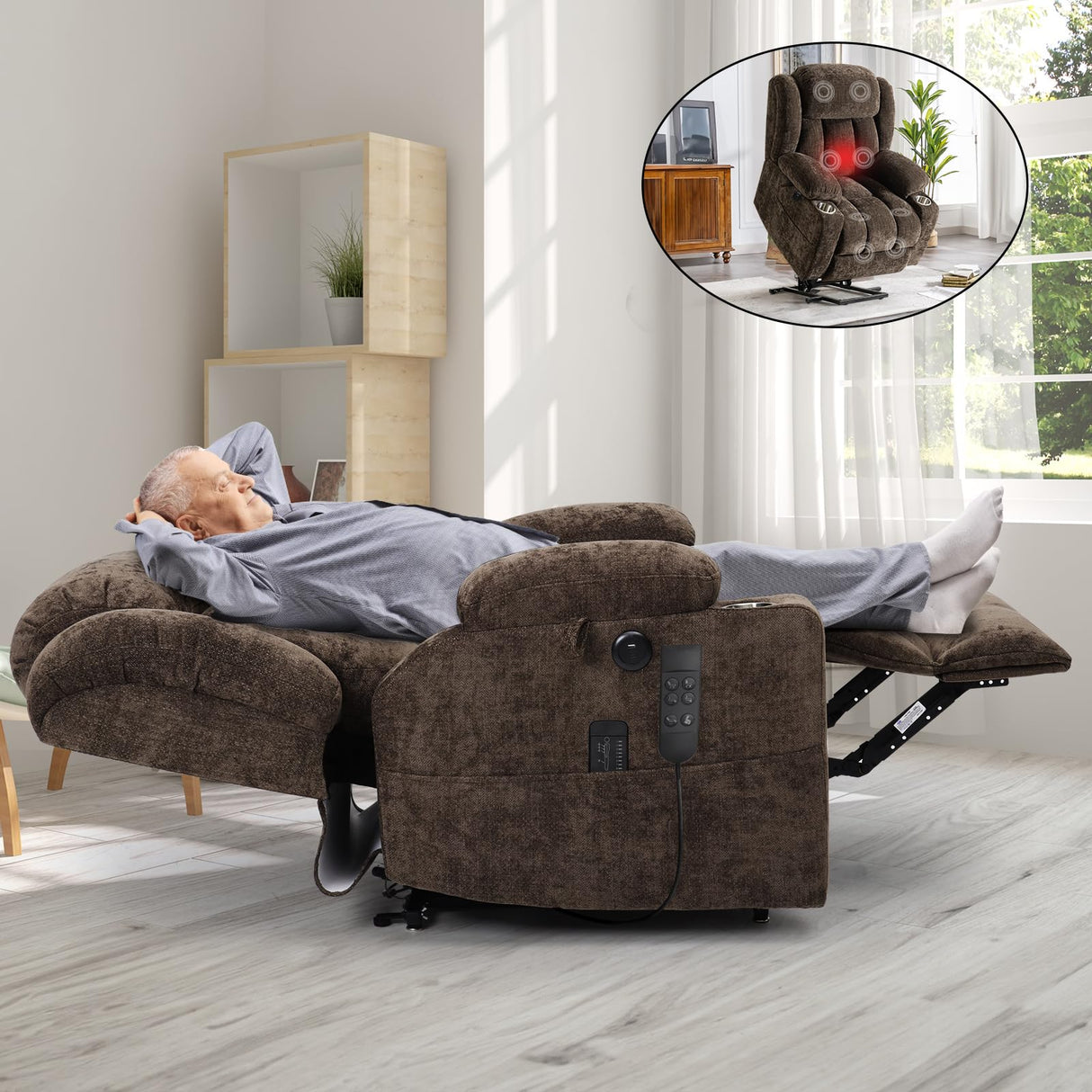 ABCASA Large Dual Motor Lay Flat Power Lift Recliners Chair for Elderly with Heat ＆ Massage, Comfortable Chenille Recliner, USB-A ＆ C, Cup Holder, Side Pocket, Brown ABCASA