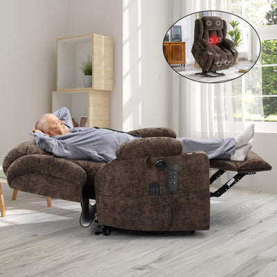 ABCASA Large Dual Motor Lay Flat Power Lift Recliners Chair for Elderly with Heat ＆ Massage, Comfortable Chenille Recliner, USB-A ＆ C, Cup Holder, Side Pocket, Brown