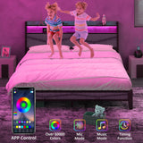 Winkalon Queen Bed Frame, Storage Headboard with Charging Station,Platform Bed Frame with RGB Lights, Solid and Stable, Noise Free, No Box Spring Needed, Easy Assembly,Gray Winkalon