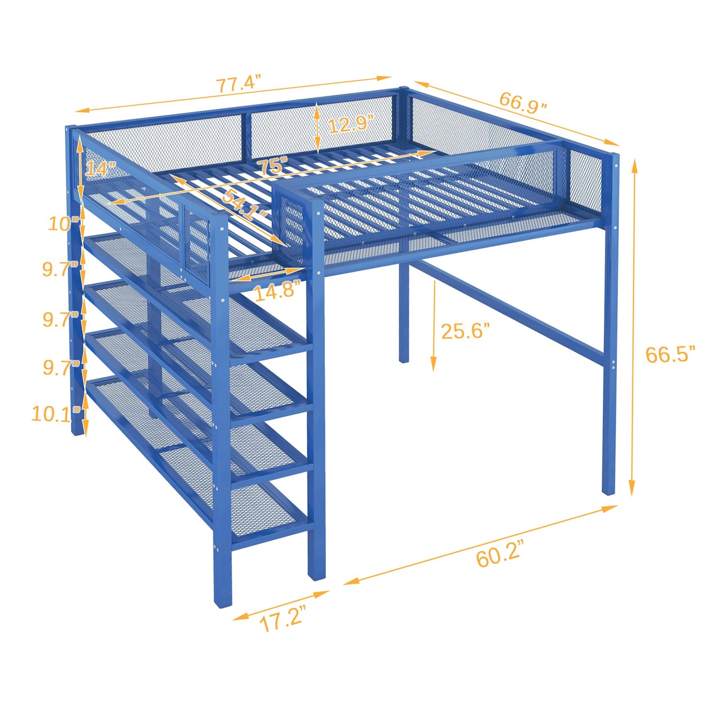 YOPTO Full Size Metal Loft Bed with 4-Tier Shelves and Storage,Heavy Duty Metal Loft Bed Frame w/Bookshelf,No Box Spring Needed,for Kids Teens Adults,Blue