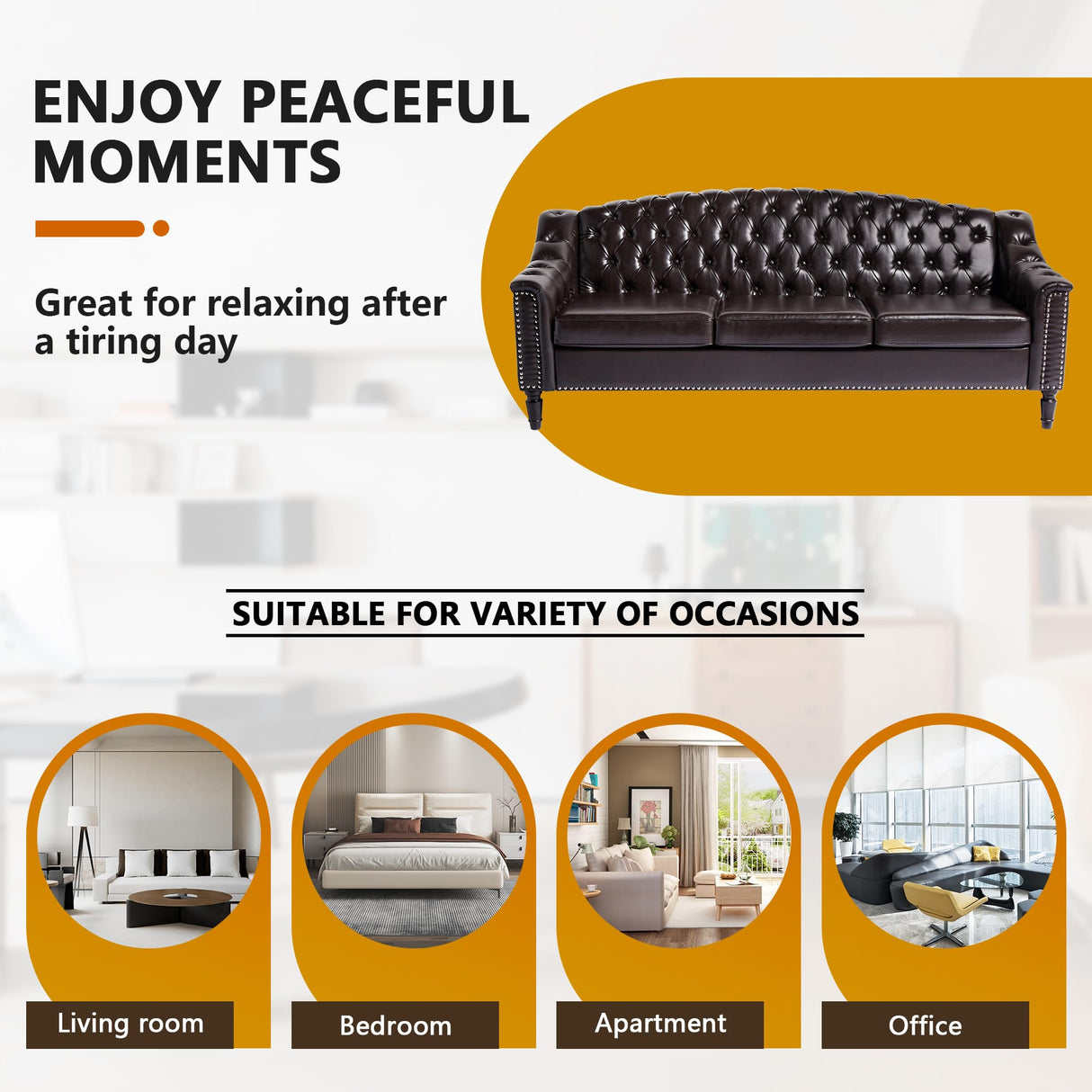 LEVNARY Mid-Century Modern Leather Couch, 80" Large Upholstered Sofa with High Back, Chesterfield Sofa Sleeper Settee with Solid Wood Legs, Tufted 3 Seater Wide Couches for Living Room Office (Brown) LEVNARY