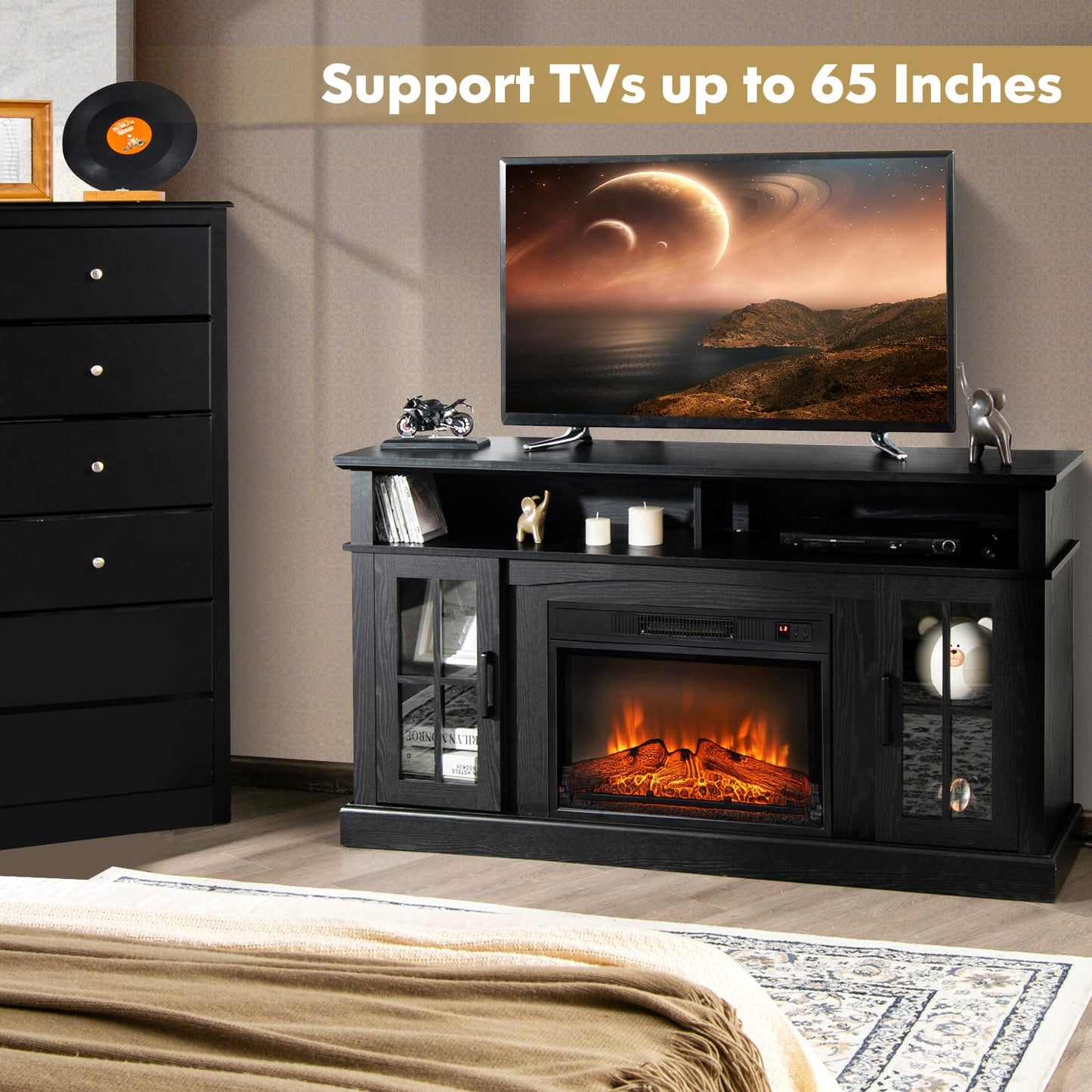 COSTWAY Electric Fireplace TV Stand for TVs Up to 65 Inches, 1400W Heater Insert with Remote Control, 6H Timer, 3-Level Flame, Overheat Protection and CSA Certification, Adjustable Shelves, Black