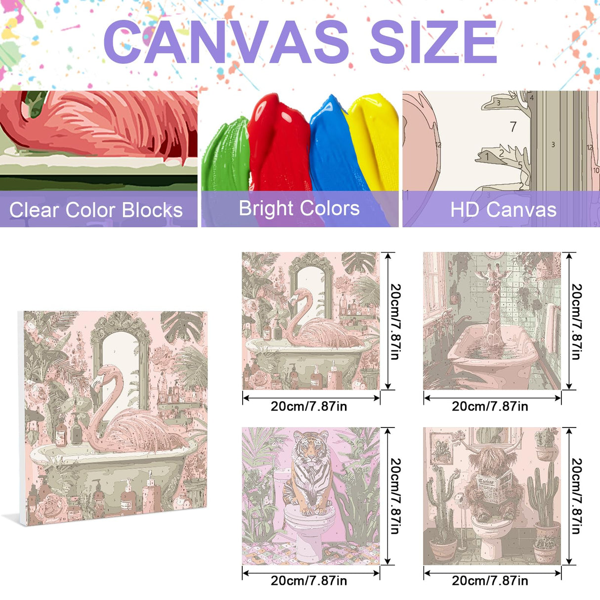 4 Pack Funny Animals Paint by Numbers for Adults, 8x8 Inch Framed Bathroom Theme DIY Painting Kit with Brushes and Acrylic Paints, Giraffe Flamingo Tiger Highland Cow on Canvas for Wall Decor antor
