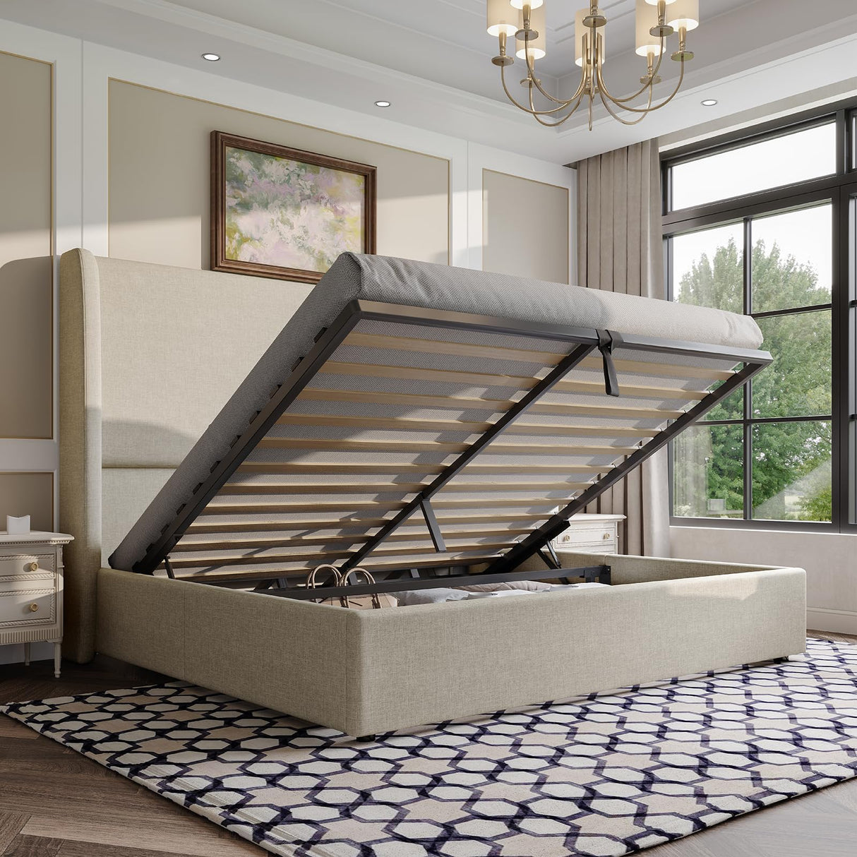 AMERLIFE Lift Up Storage Bed Queen Size Linen Upholstered Platform Bed Frame, Hydraulic Storage,Modern Wingback Headboard, No Box Spring Needed, Khaki AMERLIFE