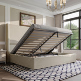 AMERLIFE Lift Up Storage Bed Queen Size Linen Upholstered Platform Bed Frame, Hydraulic Storage,Modern Wingback Headboard, No Box Spring Needed, Khaki AMERLIFE