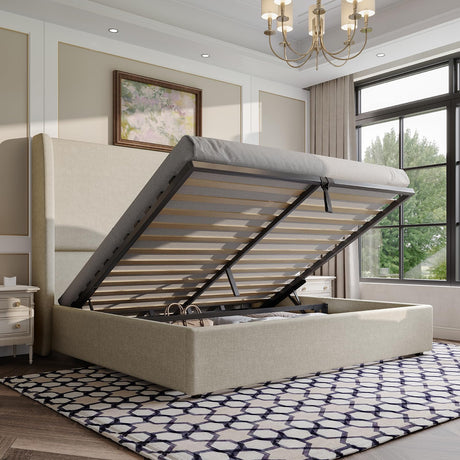 AMERLIFE Lift Up Storage Bed Queen Size Linen Upholstered Platform Bed Frame, Hydraulic Storage,Modern Wingback Headboard, No Box Spring Needed, Khaki AMERLIFE