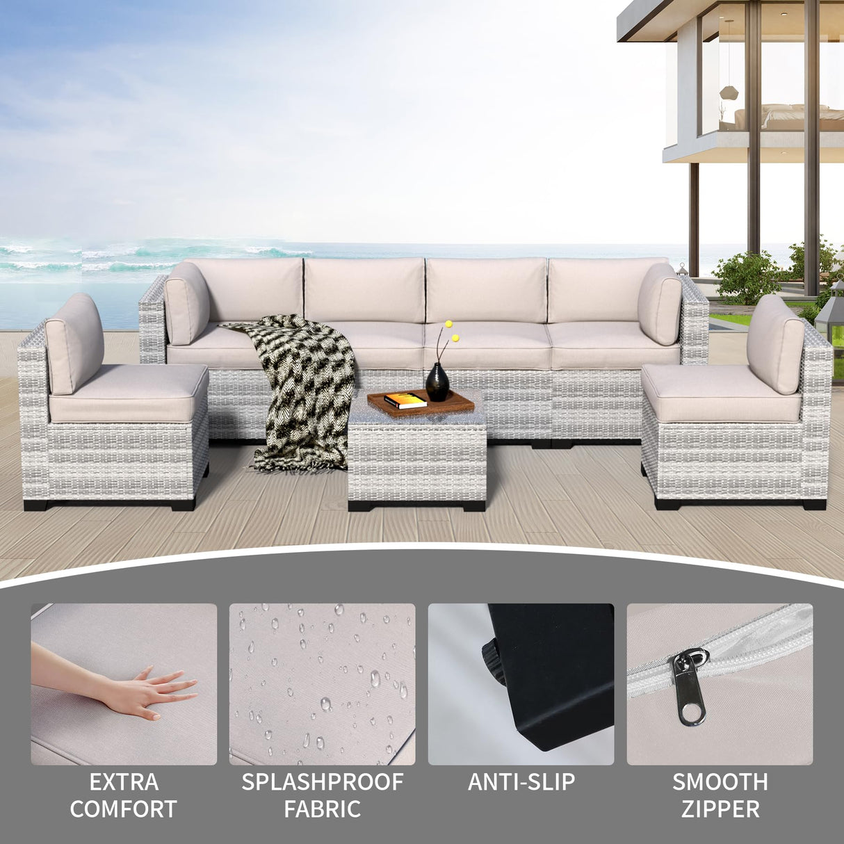 7-Piece Outdoor Sectional Patio Furniture Set, All-Weather Wicker Rattan Sofa w/Thick Washable Cushions & Tempered Glass Table, Perfect for Garden, Poolside, Backyard (7, Graywhite&Offwhite) YLGJ&TIDY