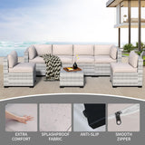 7-Piece Outdoor Sectional Patio Furniture Set, All-Weather Wicker Rattan Sofa w/Thick Washable Cushions & Tempered Glass Table, Perfect for Garden, Poolside, Backyard (7, Graywhite&Offwhite) YLGJ&TIDY