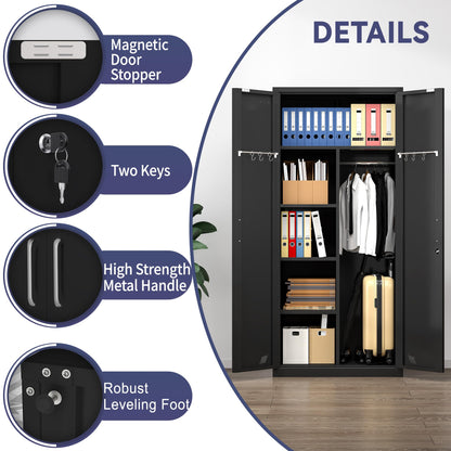 PAOFIN 72'' Metal Wardrobe Closet, Storage Cabinet with Doors and Shelves, Lockable Storage Cabinet, Armoire Wardrobe Closet with Hanging Rod for Office, Home, Garage - WoodArtSupply