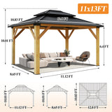 GARTOO 11’x13’ Outdoor Wooden Gazebo - Patio Galvanized Steel Gazebo with Double Vented Roof, Heavy-Duty Cedar Wooden Gazebo for Garden, Lawn, Poolside, Backyard Deck GARTOO