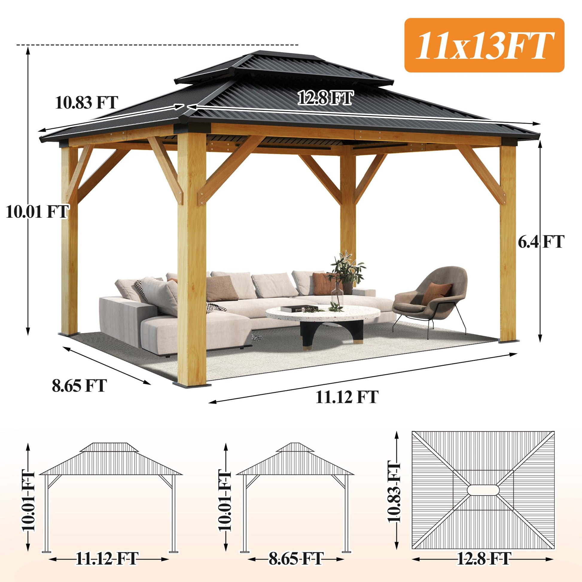 GARTOO 11’x13’ Outdoor Wooden Gazebo - Patio Galvanized Steel Gazebo with Double Vented Roof, Heavy-Duty Cedar Wooden Gazebo for Garden, Lawn, Poolside, Backyard Deck - WoodArtSupply