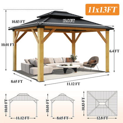 GARTOO 11’x13’ Outdoor Wooden Gazebo - Patio Galvanized Steel Gazebo with Double Vented Roof, Heavy-Duty Cedar Wooden Gazebo for Garden, Lawn, Poolside, Backyard Deck - WoodArtSupply