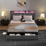 SADENICEL Full Size Bed Frame with Storage Headboard and 2 Drawer, Metal Full Bed Frame Platform with LED Light, Charging Station, No Box Spring Needed, Noise Free, Easy Assembly, Grey SADENICEL