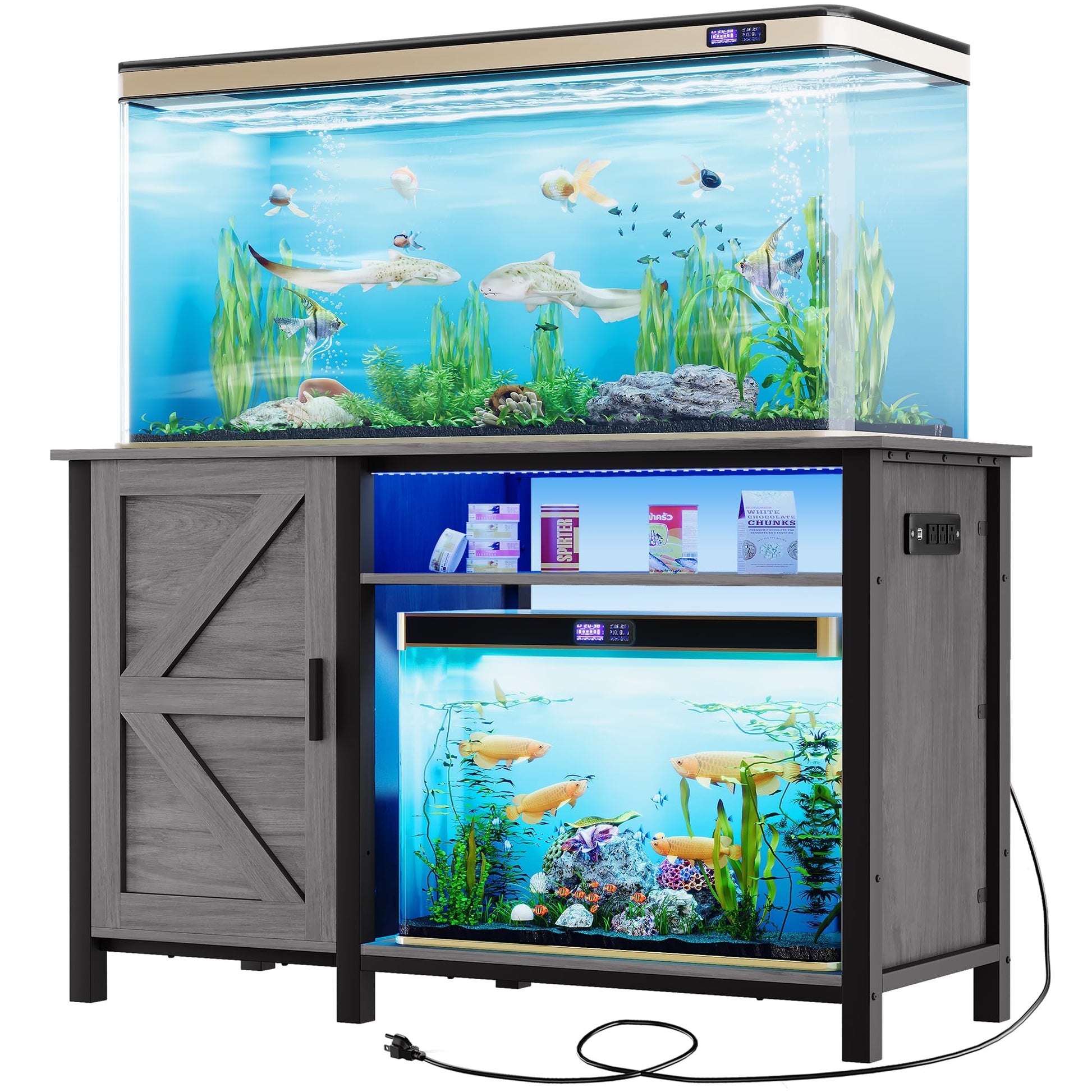 YITAHOME Aquarium Stand with Power Outlets, 55-75 Gallon Fish Tank Stand, Cabinet with RGB Light Strip Suitable for Turtle Tank, Reptile Terrarium, 900LBS Capacity, Grey - WoodArtSupply