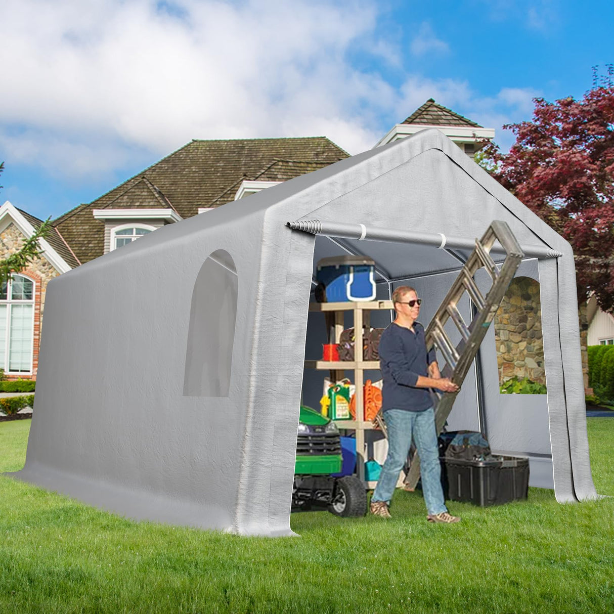 Hipicute Carport 10' X 20' Heavy Duty Canopy, Portable Garage Heavy Duty, Carport with Side-Opening Door & Roll-Up Windows, Metal Steel Frame,180g PE Powder-Coated Tarp for Truck, Boat, Garden, Grey Hipicute