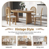 VilroCaz 5-Piece Retro Functional Dining Set, Solid Wood Extendable Dining Table with 4 Upholstered Chairs and Rattan Backrests, Round Dining Table Set for Dining Room Kitchen (Natural-7.7) VilroCaz
