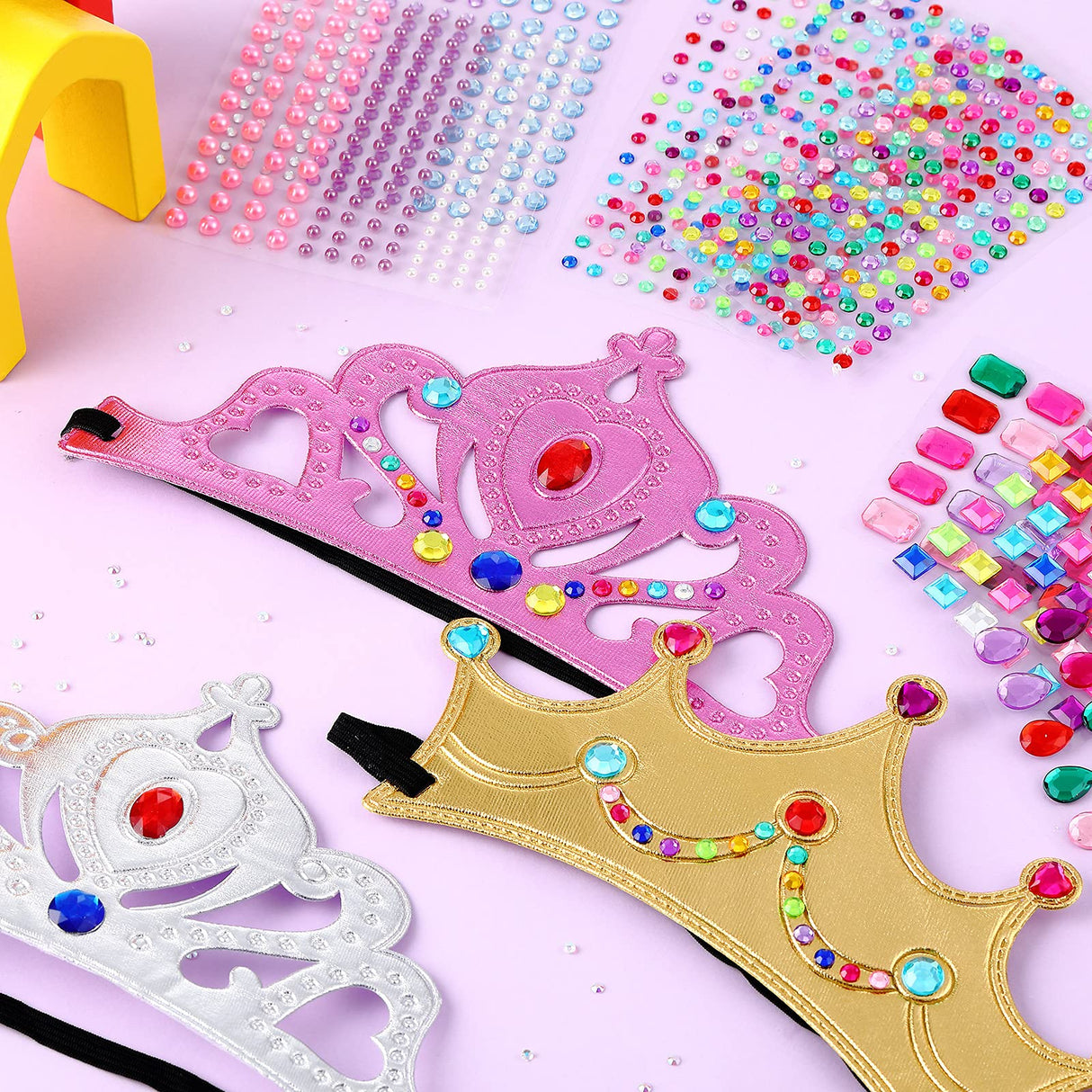 Epakh Princess Party Crowns Set, 27 Pcs DIY Crown with Diamond Stickers, Princess Party Supplies, Birthday Party Decoration Favor Supplies, Costume Headwear, for Children, Princess Fans Epakh