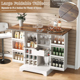 LUXOAK Farmhouse Expandable Wine Bar Cabinet, 61" Home Bar Unit with Foldable Tabletop & Barn Door, Coffee Bar Cabinet with Wine & Glass Holder, Liquor Cabinet/Mini Bar/Buffet Cabinet, White LUXOAK