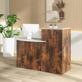 GOFLAME Reception Desk with Lockable Drawer & Adjustable Shelf, Front Counter with Oval Tabletop, Retail Register Stand, Office Computer Desk for Hotel, White + Rustic Brown GOFLAME