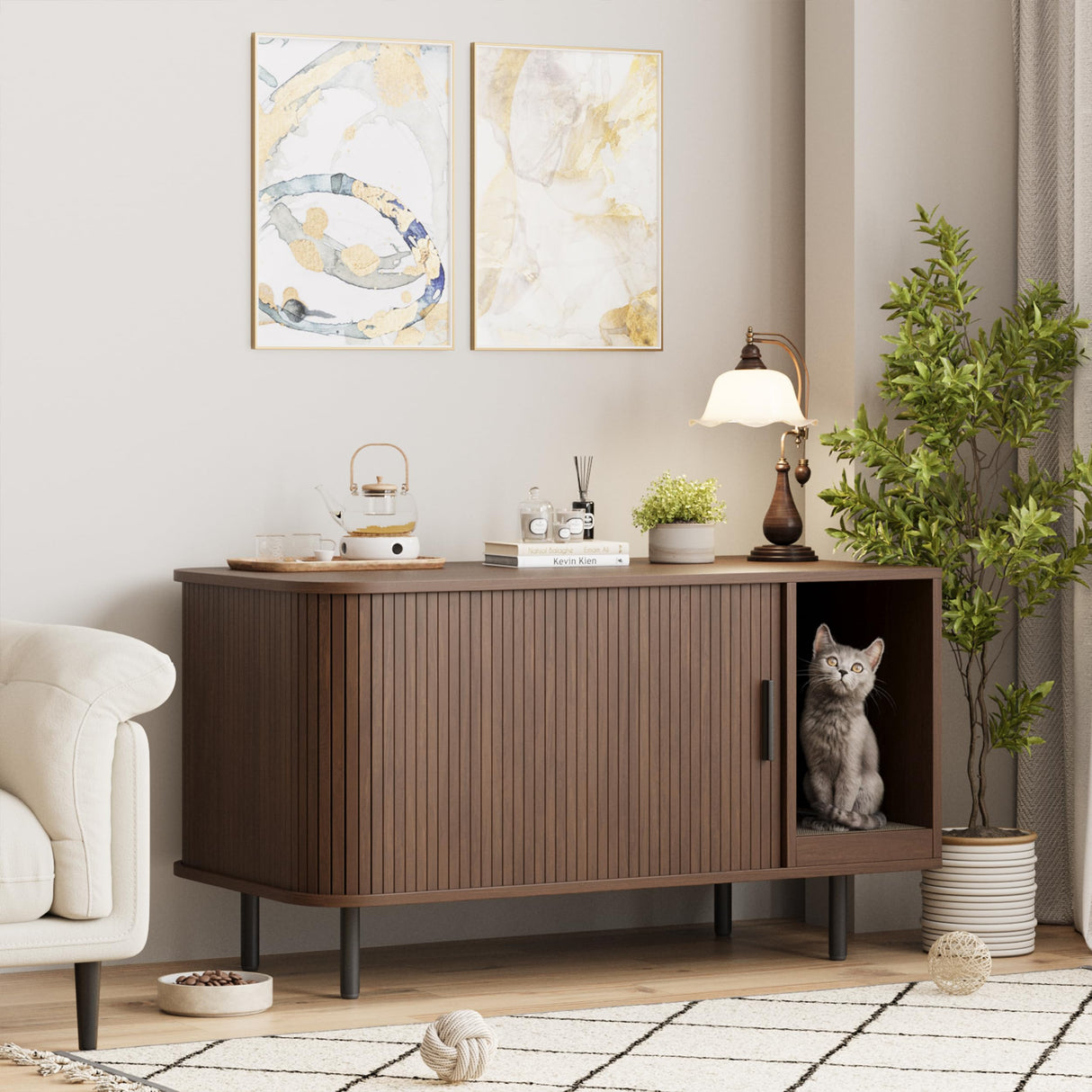 Cat Litter Box Enclosure with Cat Scratch Pad, Sliding Door, 37.4" Litter Box Enclosure Furniture Hidden Litter Box, Modern Indoor Cat House, TV Stand, Side End Table for Living Room, Walnut Halitaa