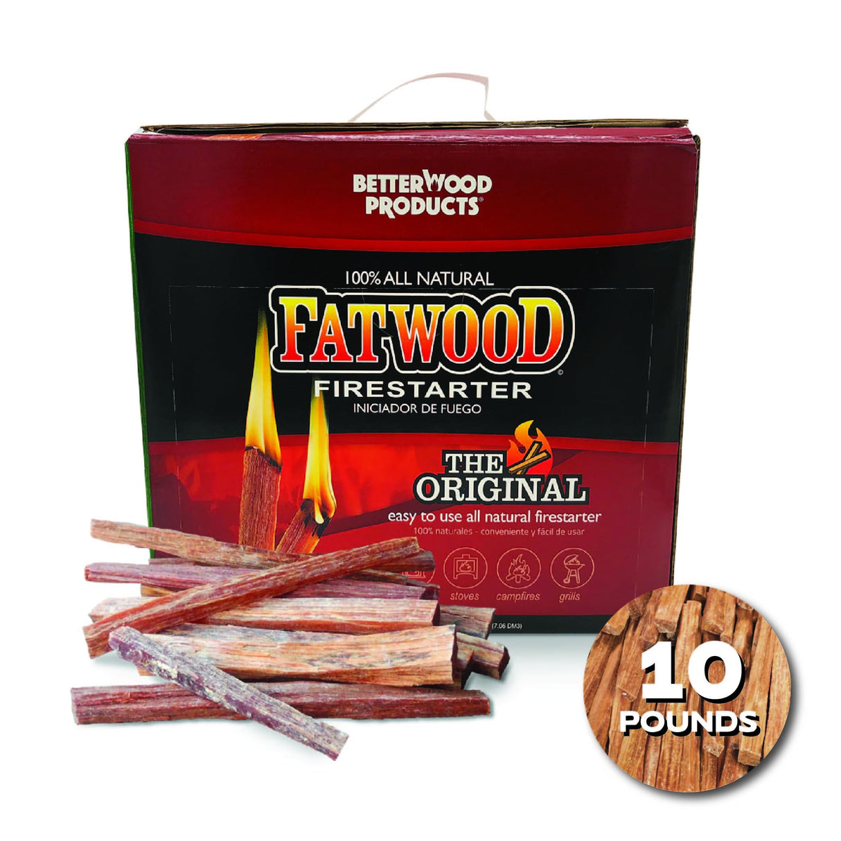 Betterwood 10 Pound Fatwood Natural Pine Firestarter 1 Pack for Campfire, BBQ, or Pellet Stove, Non Toxic and Water Repellent Better Wood Products