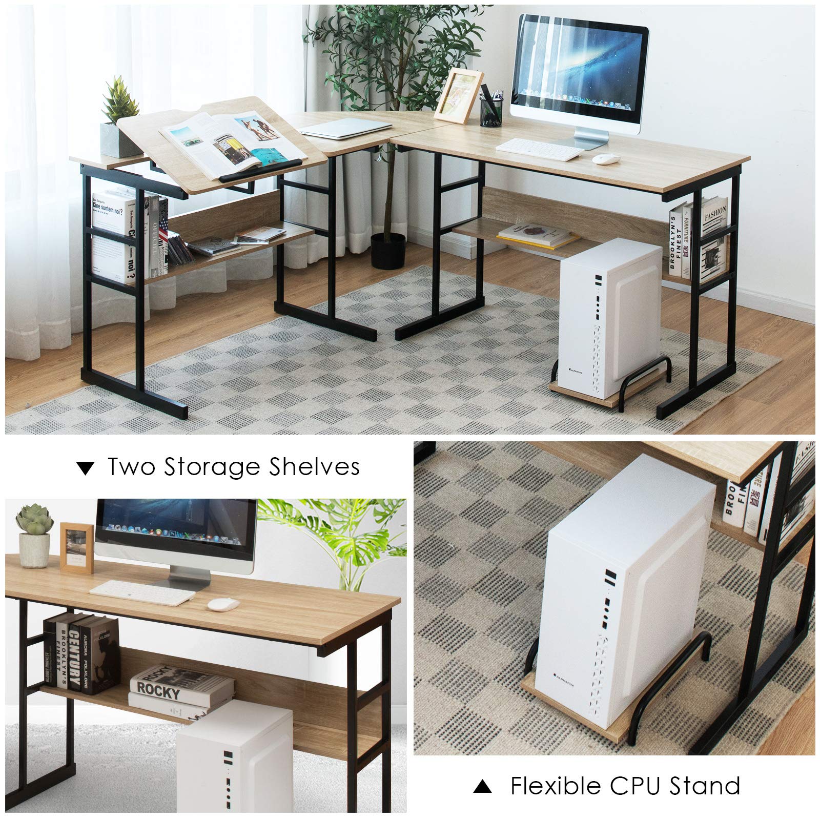 Tangkula 67 Inches L-Shaped Office Desk, Corner Computer Desk with Bottom Bookshelves & CPU Stand, Drafting Drawing Table with Tiltable Desktop, Corner Computer Workstation Home Office Desk - WoodArtSupply