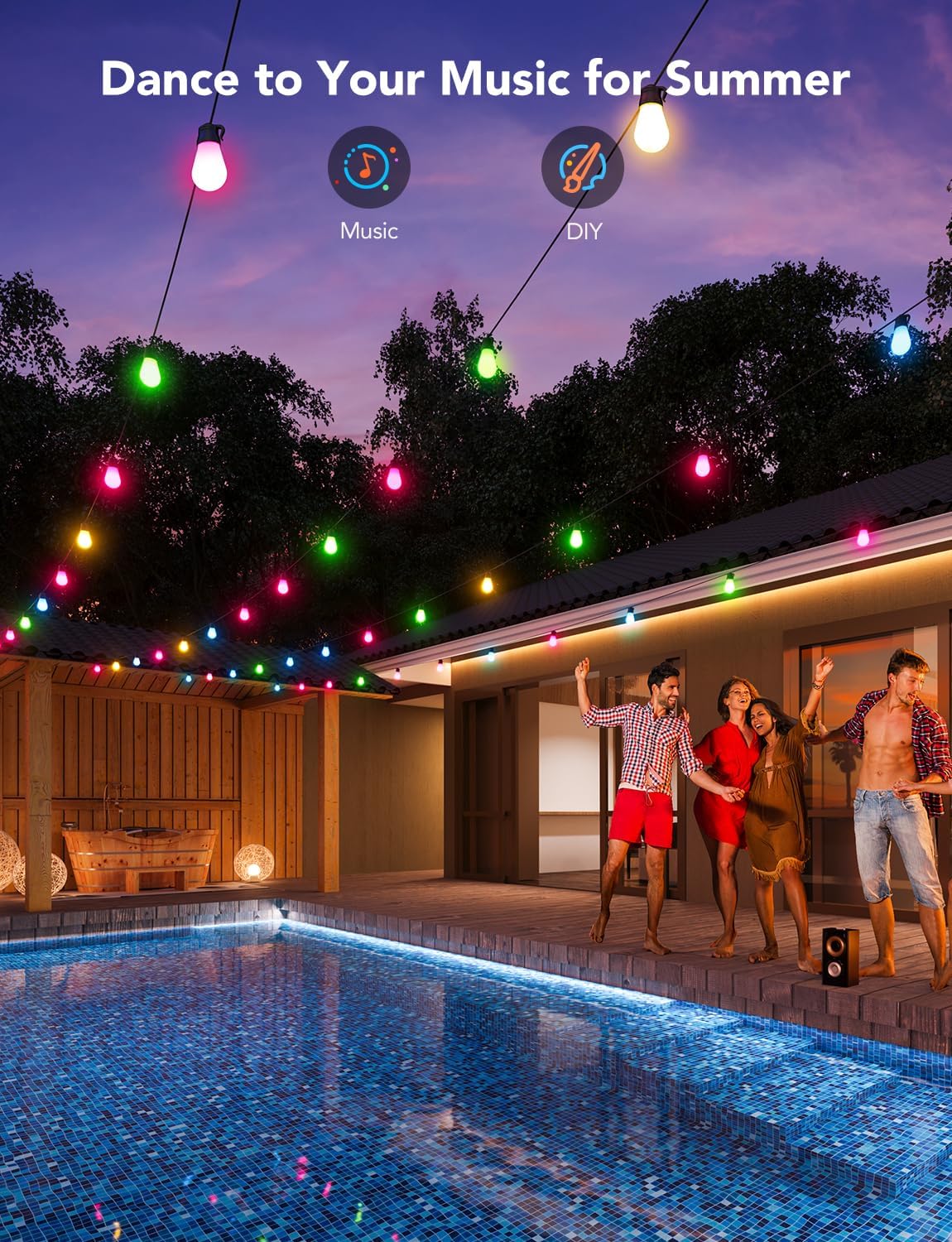 Govee Smart Outdoor String Lights H7015, 48ft RGBIC Outdoor Lights with 15 Dimmable LED Bulbs, IP65 Waterproof, Color Changing Warm White Lights with 47 Scene Modes for Patio, Backyard, App Control Govee