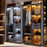 Wardrobe-Storage Cabinet With Human Sensor Design - Side Cabinet with LED Lighting - Organizer Armoire have 2 Drawers&6 Shelfs - Wardrobe With 2 Acrylic Door - Closet for Bedroom Furniture-Grey FREDEES