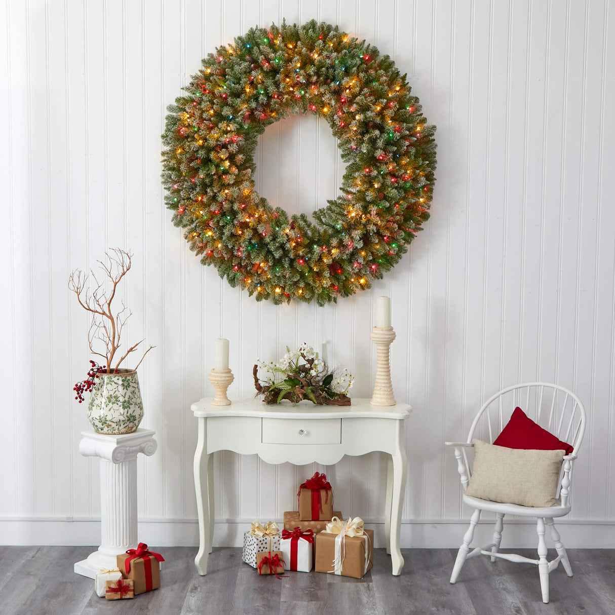 Nearly Natural 5ft. Giant Flocked Artificial Christmas Wreath with 280 Multicolored Lights and Pine Cones Nearly Natural