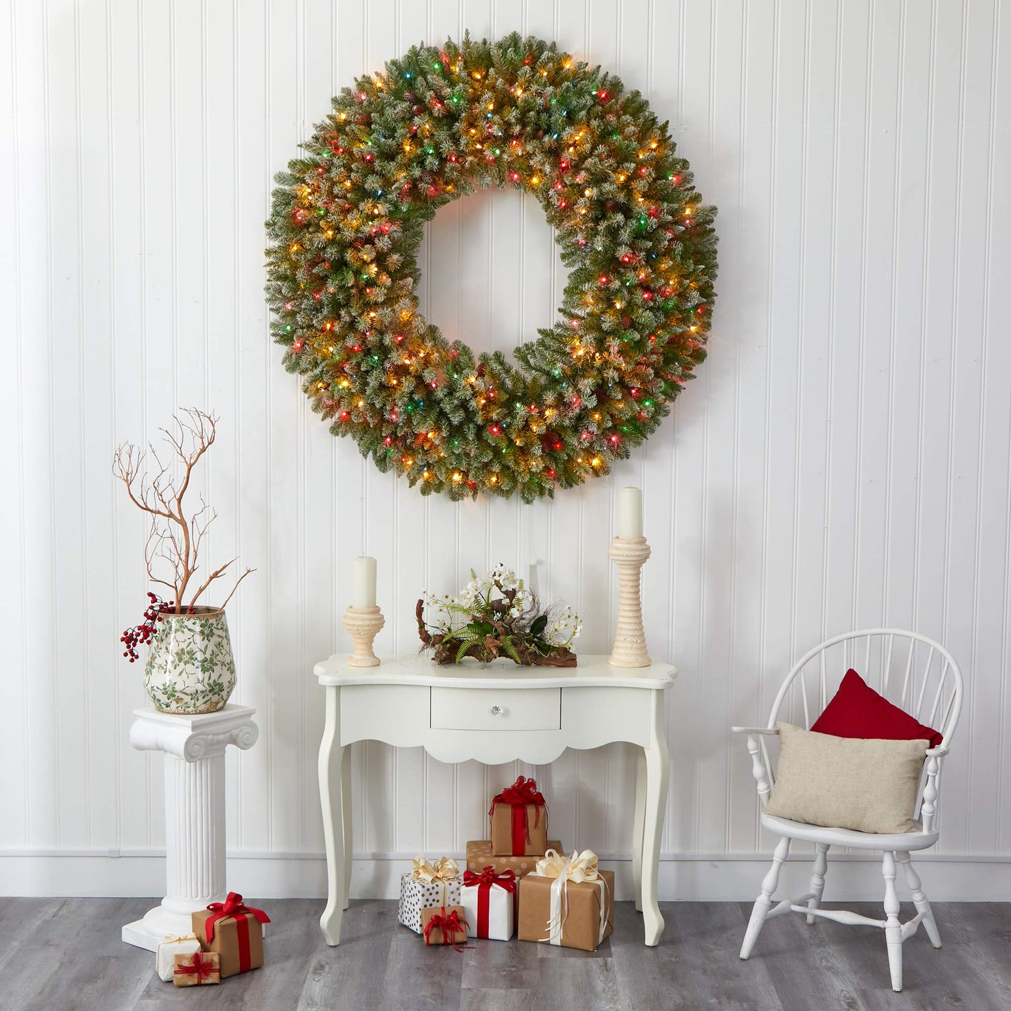 Nearly Natural 5ft. Giant Flocked Artificial Christmas Wreath with 280 Multicolored Lights and Pine Cones