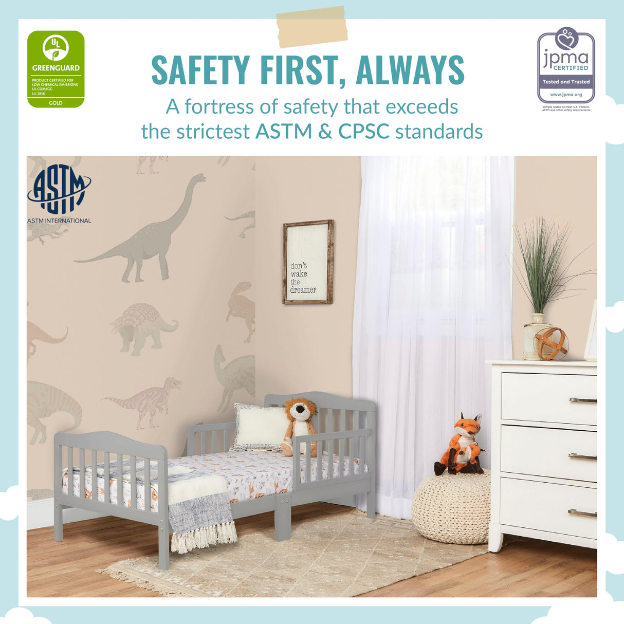 Dream On Me Classic Design Toddler Bed in Cool Grey, Greenguard Gold Certified Dream On Me