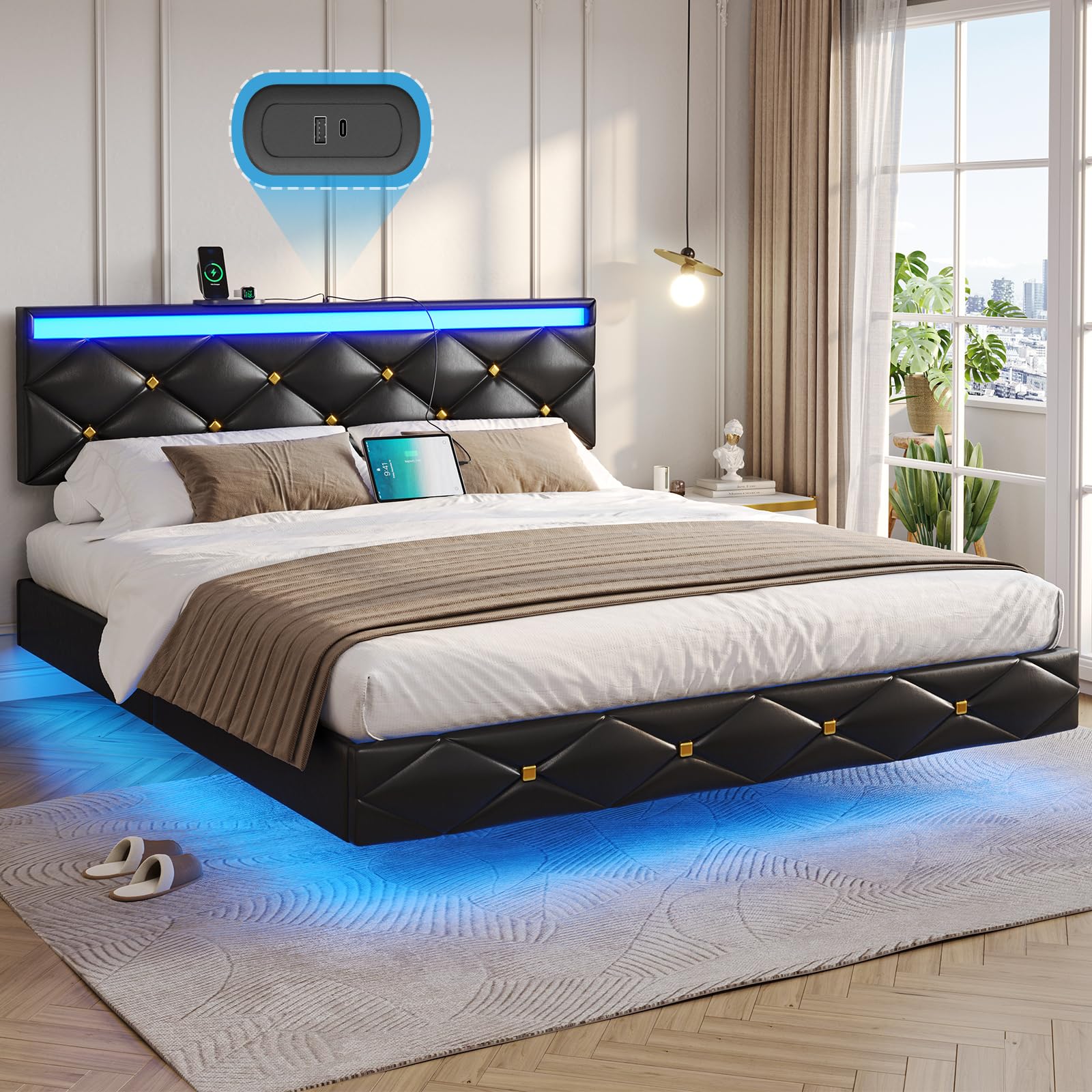 Hasuit Modern Queen Floating Bed Frame with LED Lights & Built-in Charging Station - WoodArtSupply