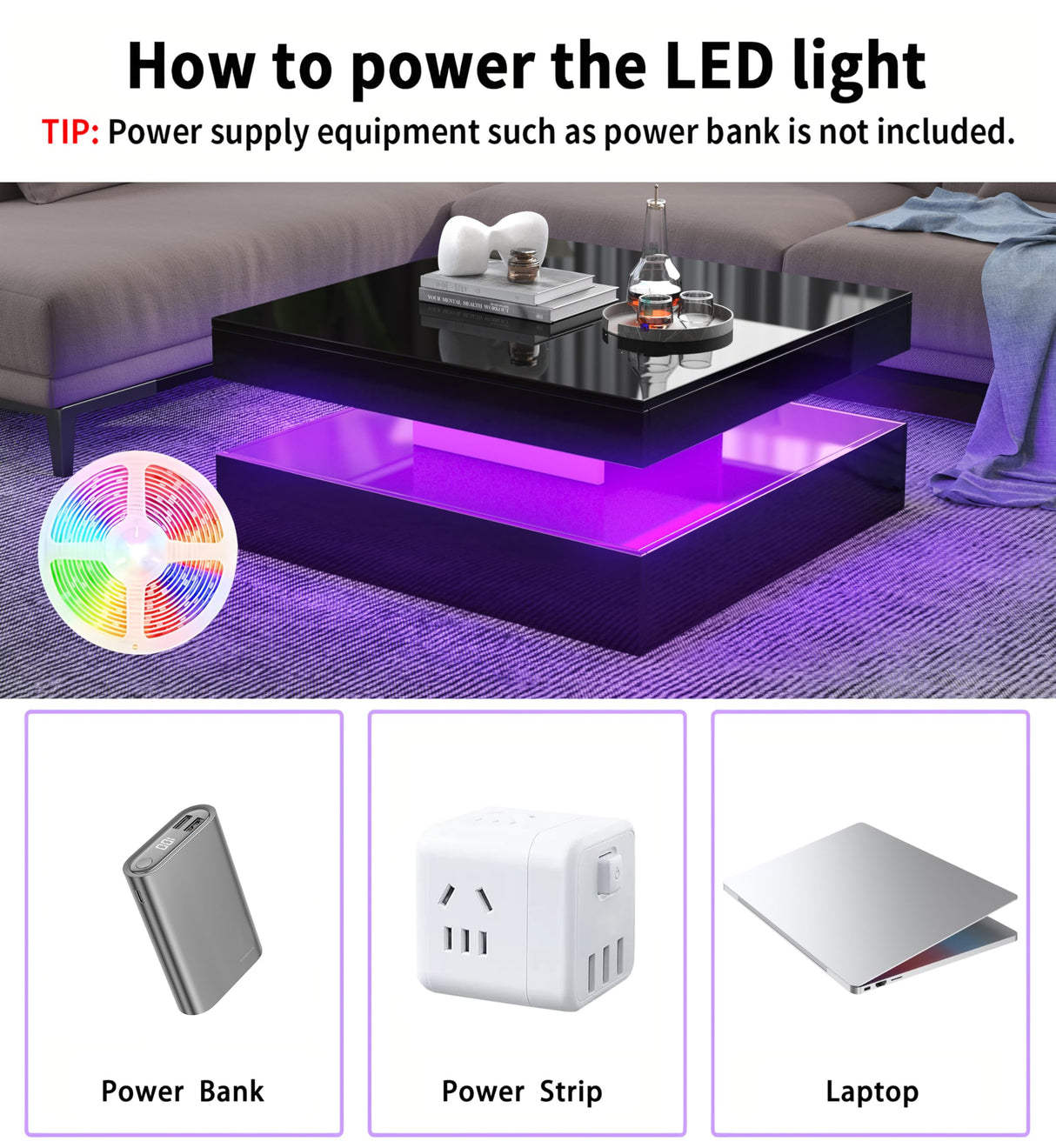 FKWin LED Coffee Table for Living Room with Storage - High Glossy Modern White Center Table with 2 Drawers, Square Wooden Middle Table with 16-Color Lights 31"" x 31"" x 14.6"" (Black) FKWin