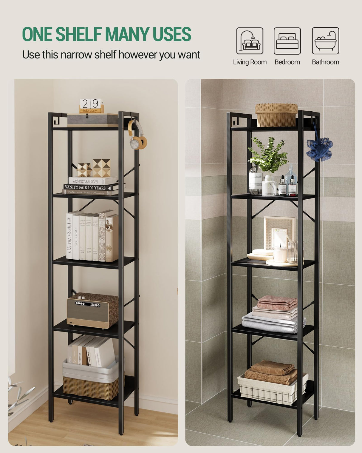 Hzuaneri Bookshelf, Book Shelf, Industrial Bookcase with 2 Hooks, Coner Shelf Storage Organizer for Home Office, Living Room, Bedroom, Kitchen, 5-Tier Black BC10504B Hzuaneri