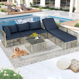 FHFO 7 Pieces Outdoor Patio Furniture Set, Wicker Outdoor Sectional Conversation Couch Set with Adjustable Backrest Sofa, Thick Cushion & Coffee Table for Garden, Porch, Poolside, Grey/Blue FHFO