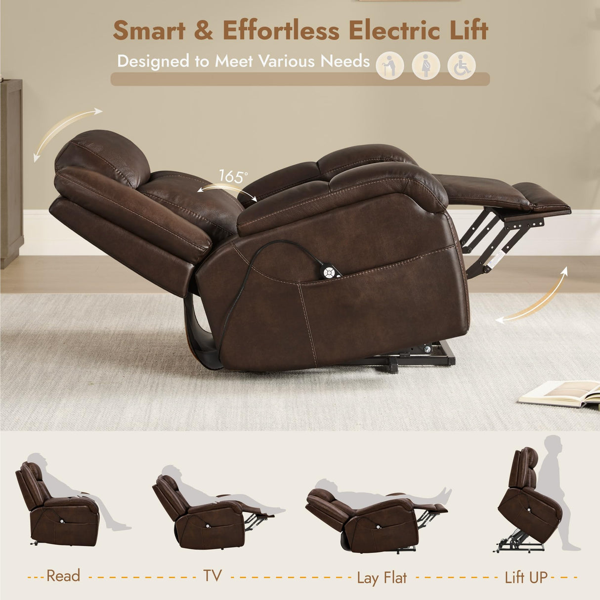 Watson & Whitely Genuine Leather Power Lift Recliner Chair for Elderly with Heat and Massage, Electric Lay Flat Lift Chairs with Power Headrest & Visual Remote Control, Dual Motor, Dark Brown Watson & Whitely