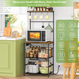 DAOUTIME Kitchen Bakers Rack with Power Outlet, 4-Tier Coffee Bar Station with 6 S Hooks, Microwave Stand for Kitchen, Living Room, Farmhouse, 23.62" W x 15.74" D x 57.13" H, Rustic Brown DAOUTIME